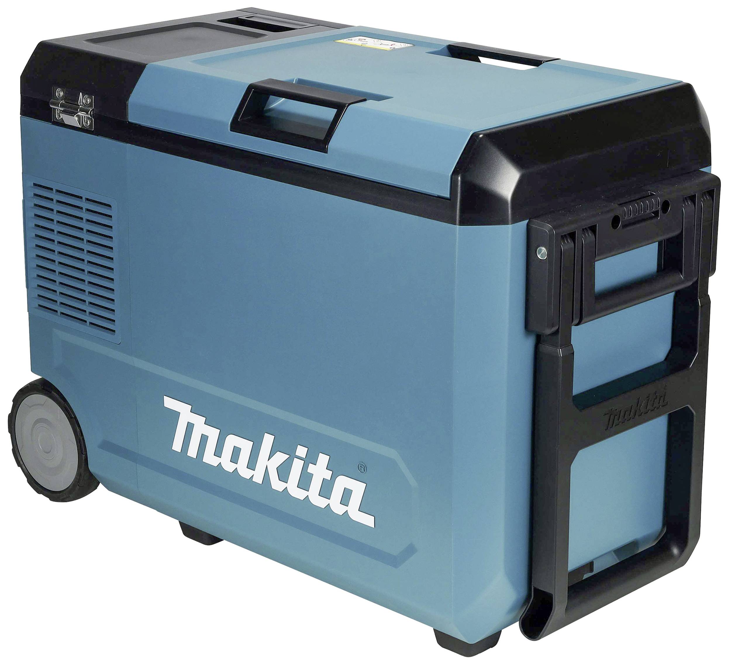 'Glacière/boîte chauffante portable bleue sur roues avec poignée télescopique, idéale pour les déplacements. Marque : Makita.'