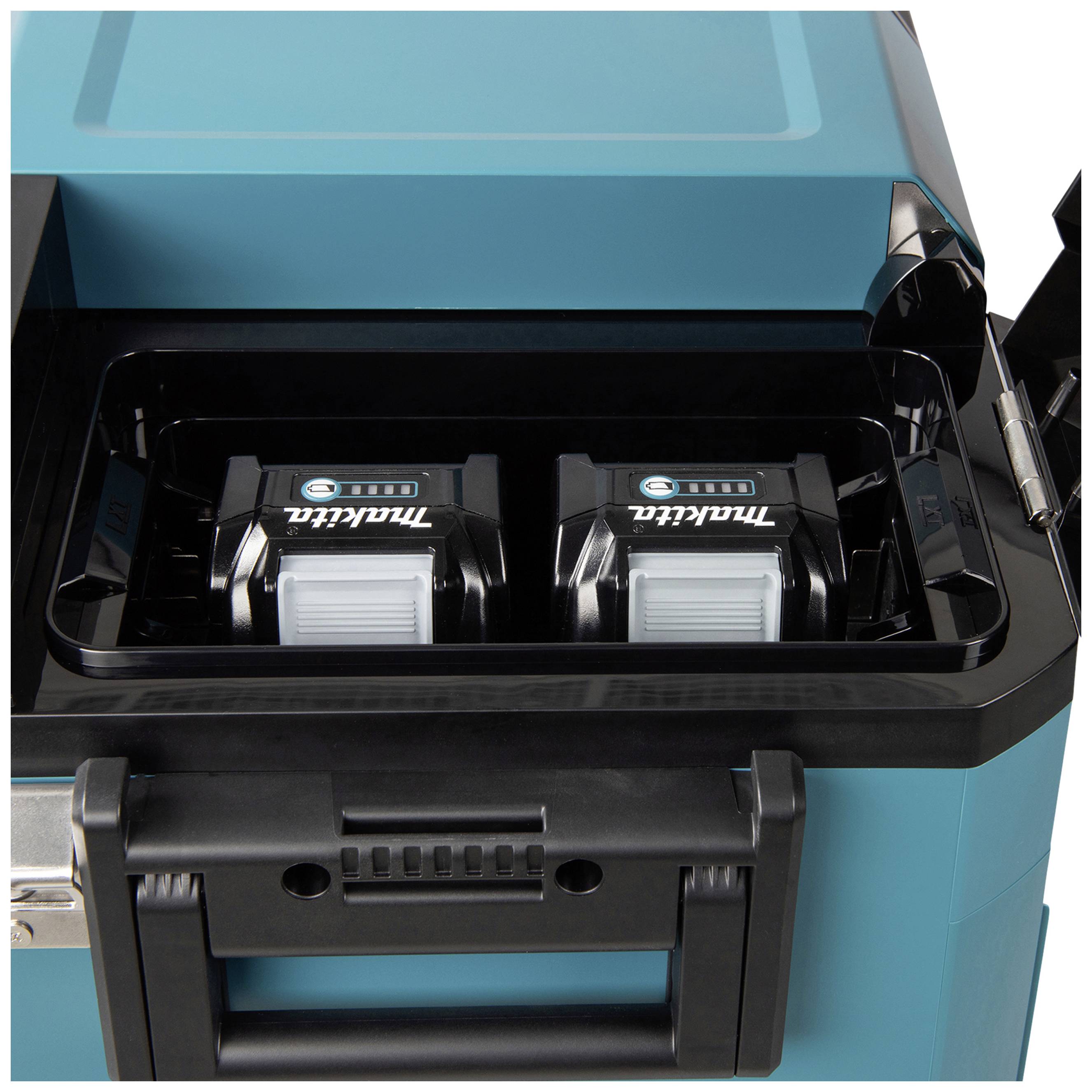 Deux batteries placées dans un chargeur, logées dans un boîtier bleu. Adapté pour le stockage ou la recharge d'outils électroniques.