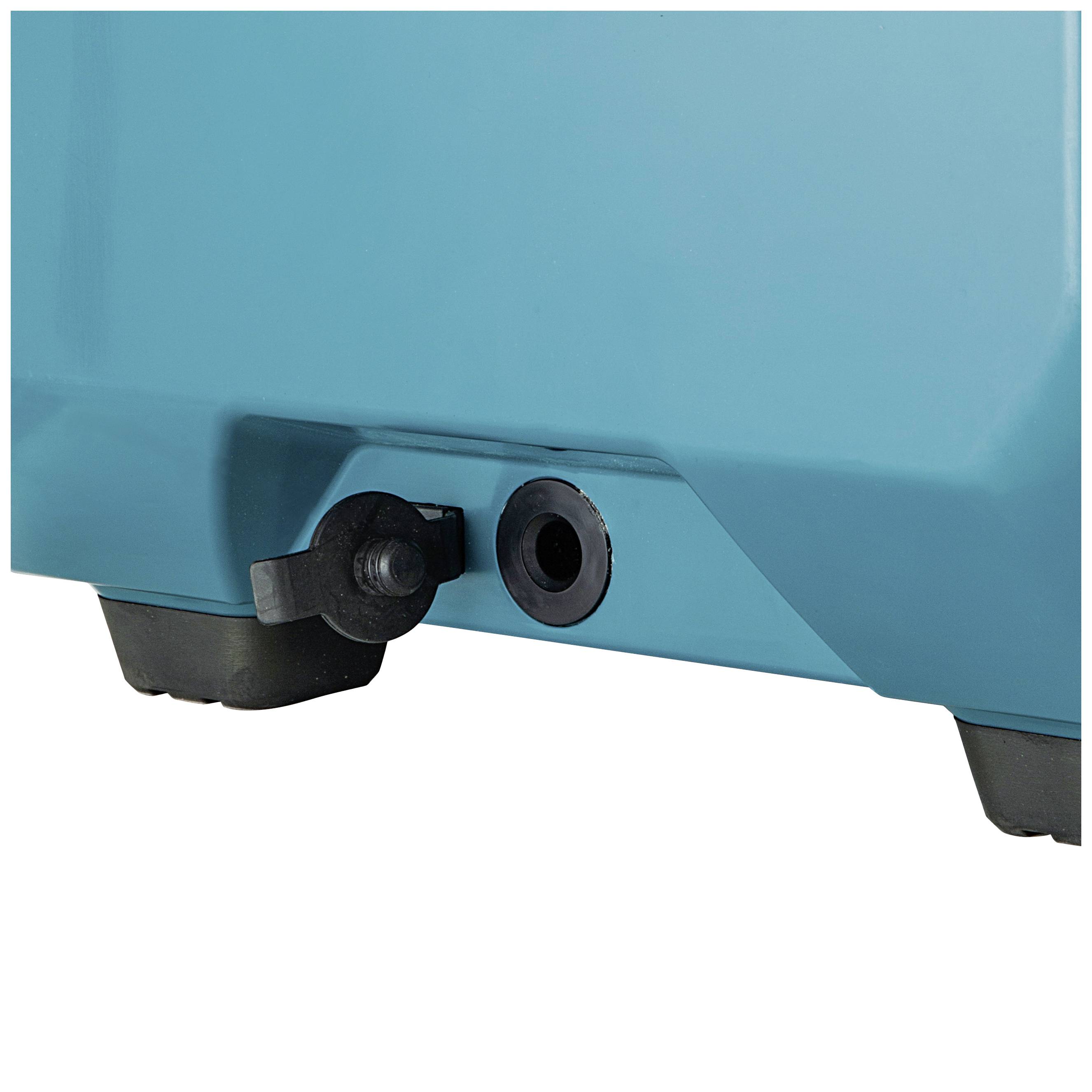 Gros plan d'un objet rectangulaire bleu avec une ouverture ronde et une poignée noire sur le côté en bas.