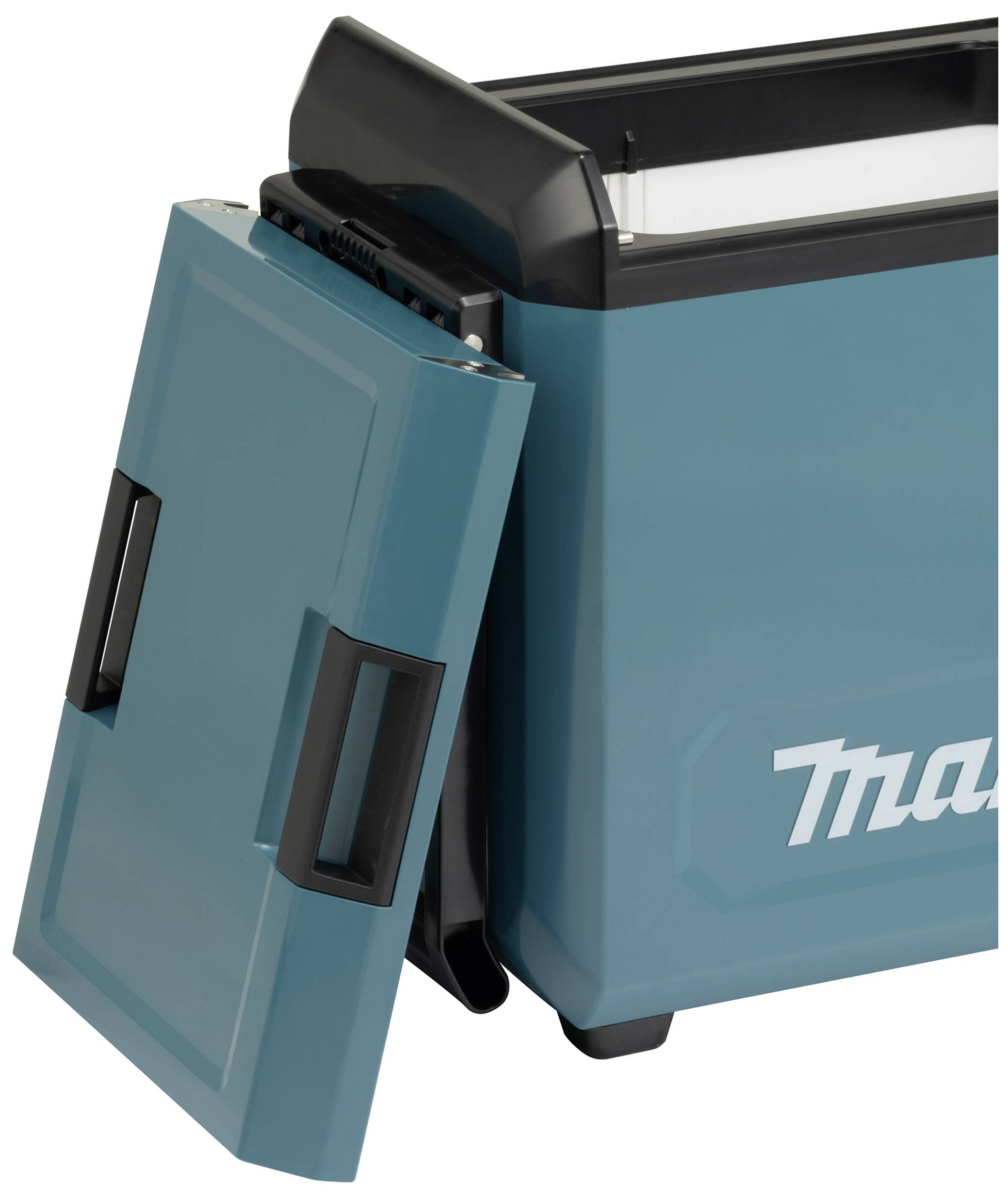 Un réfrigérateur portable turquoise avec un couvercle ouvert, une poignée noire et un intérieur blanc.