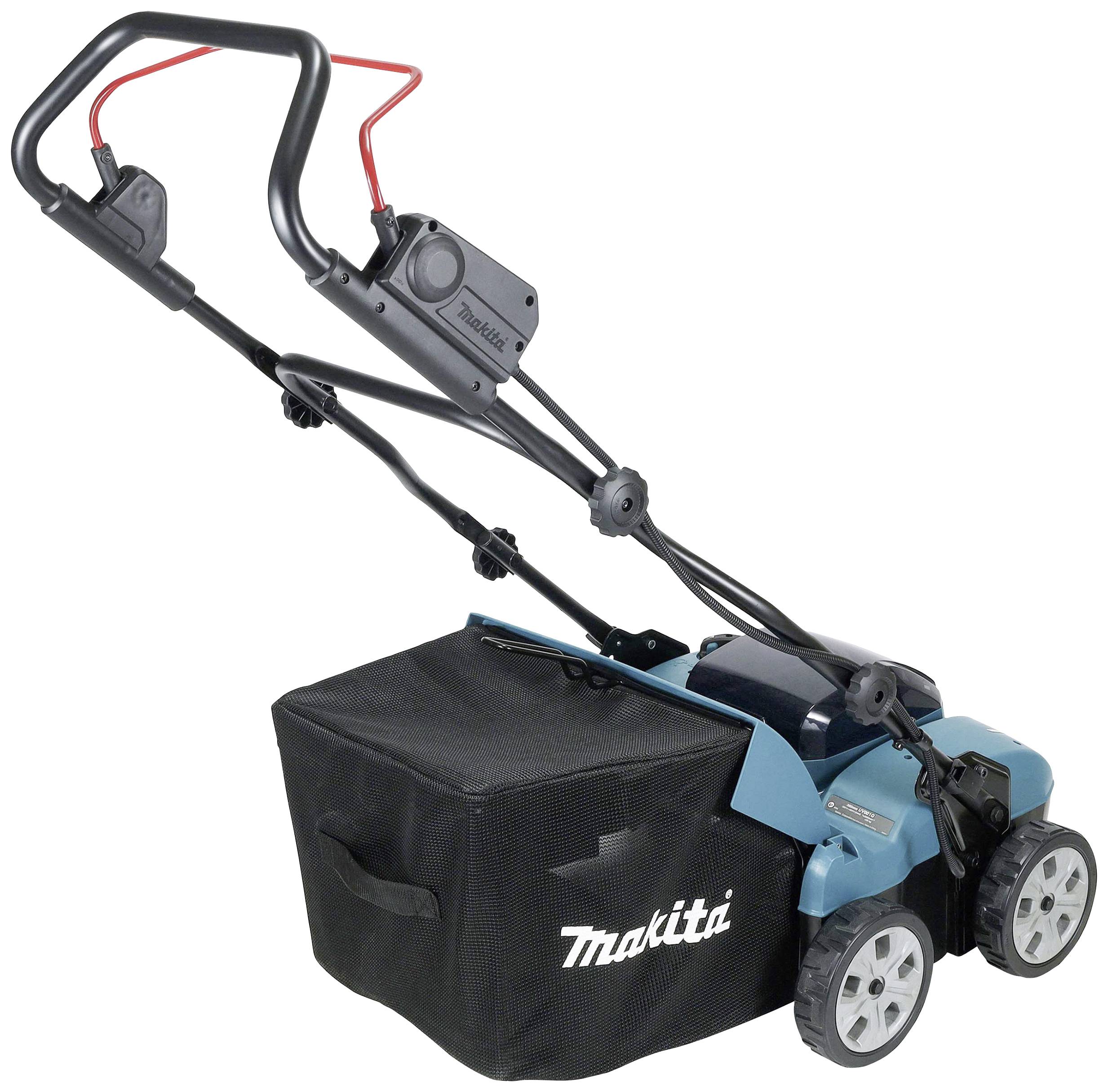 Tondeuse électrique Makita avec boîtier bleu. La tondeuse est équipée d'un bac de ramassage et de quatre roues, adaptée à l'entretien léger des jardins.
