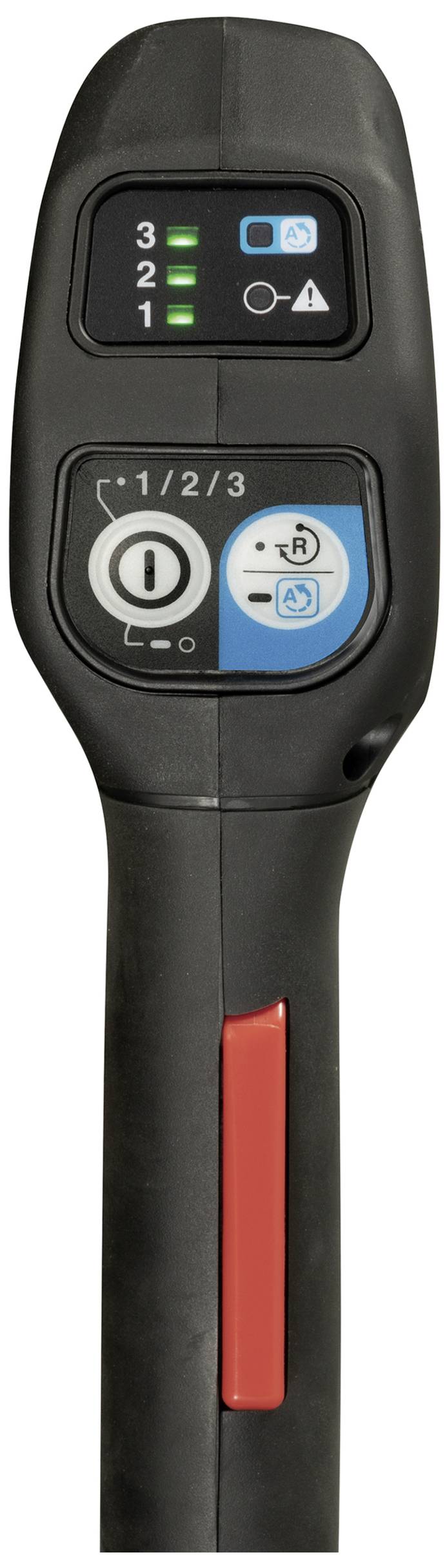 'Poignée de commande noire avec touches et symboles sur le dessus, affichage avec trois voyants verts et un régulateur de vitesse bleu.'