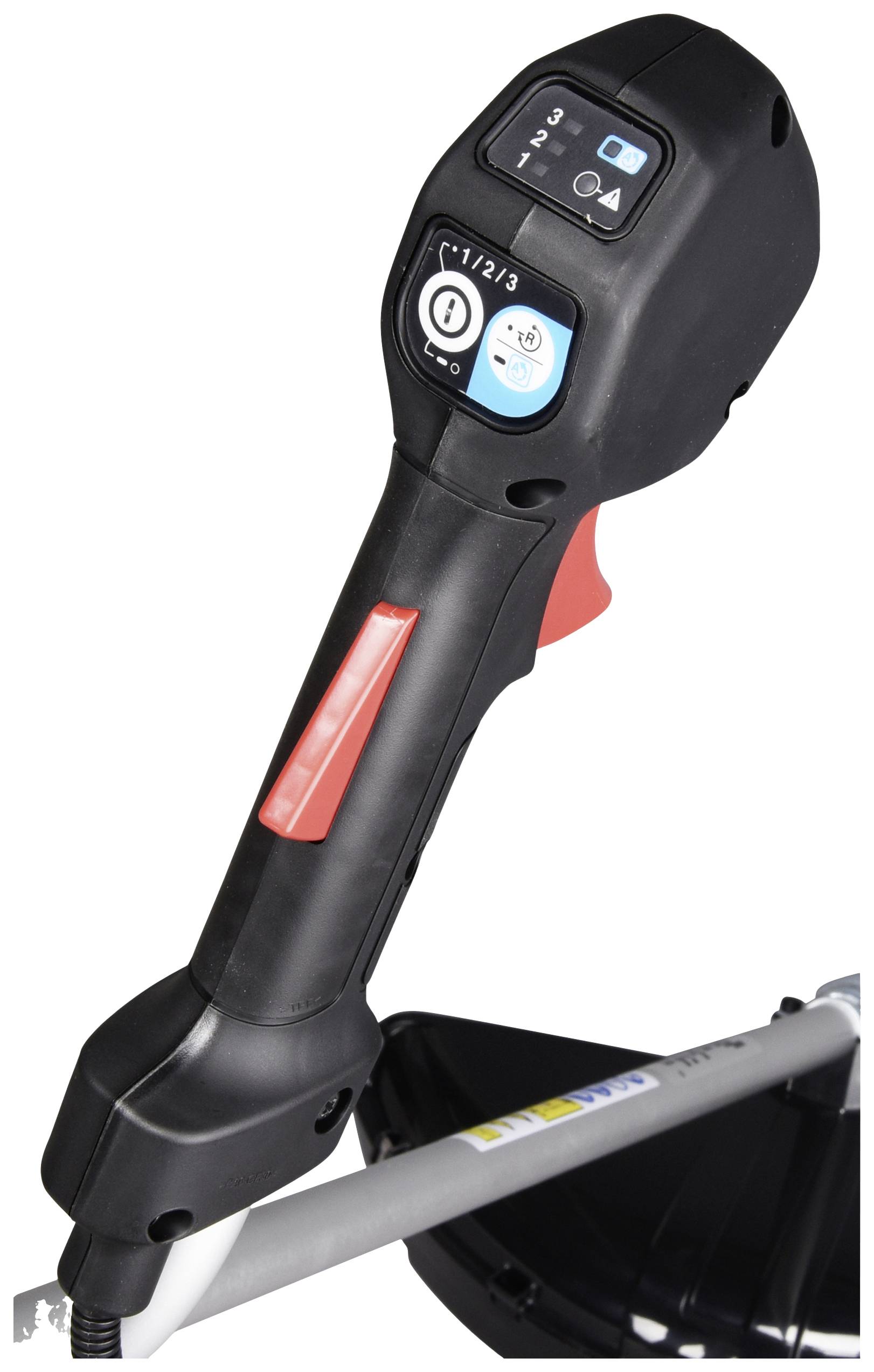 Gros plan sur une commande noire d'un appareil électrique avec des boutons rouges et des symboles bleus, affichant des options de vitesse.