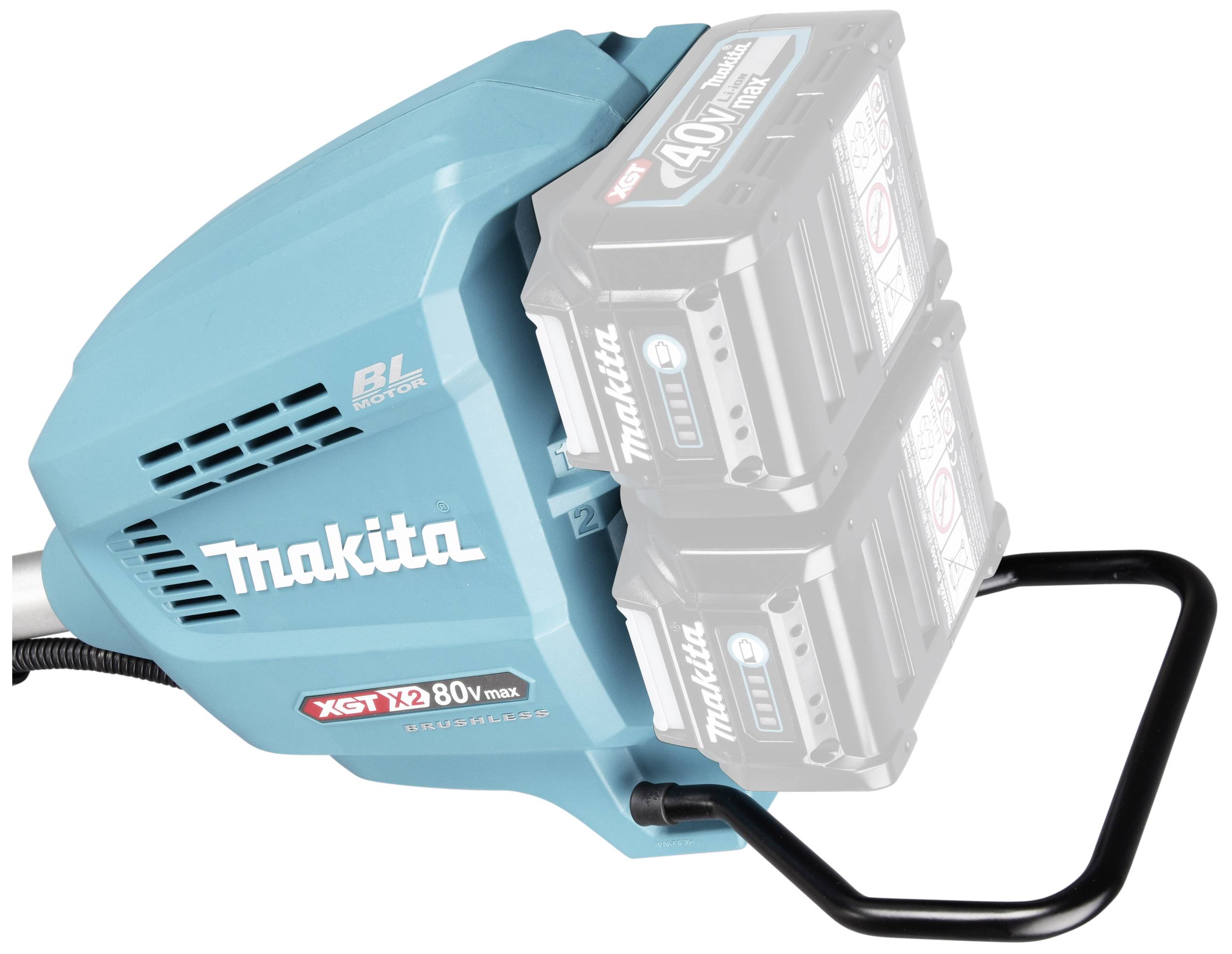 Outil de jardin Makita avec deux batteries 40V, boîtier bleu et poignée noire, adapté aux applications extérieures à haute performance.