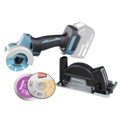 Meuleuse d'angle sans fil avec deux disques de rechange et dispositif de protection. Outil en bleu et noir avec différents disques de meulage.