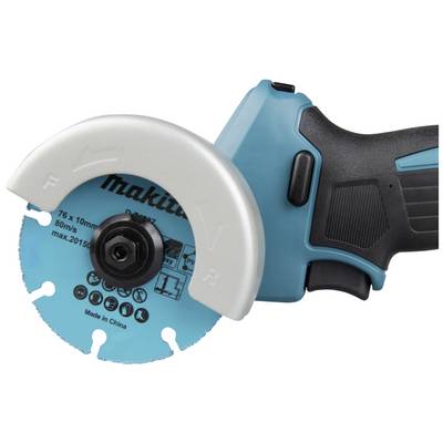 Scie circulaire avec boîtier bleu et poignée noire, marque représentée sur le disque, adaptée aux matériaux métalliques et céramiques.