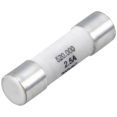 Un fusible cylindrique en verre portant l'inscription « 520.000 2.5A 700VAC », représentant un courant de 2,5 ampères.