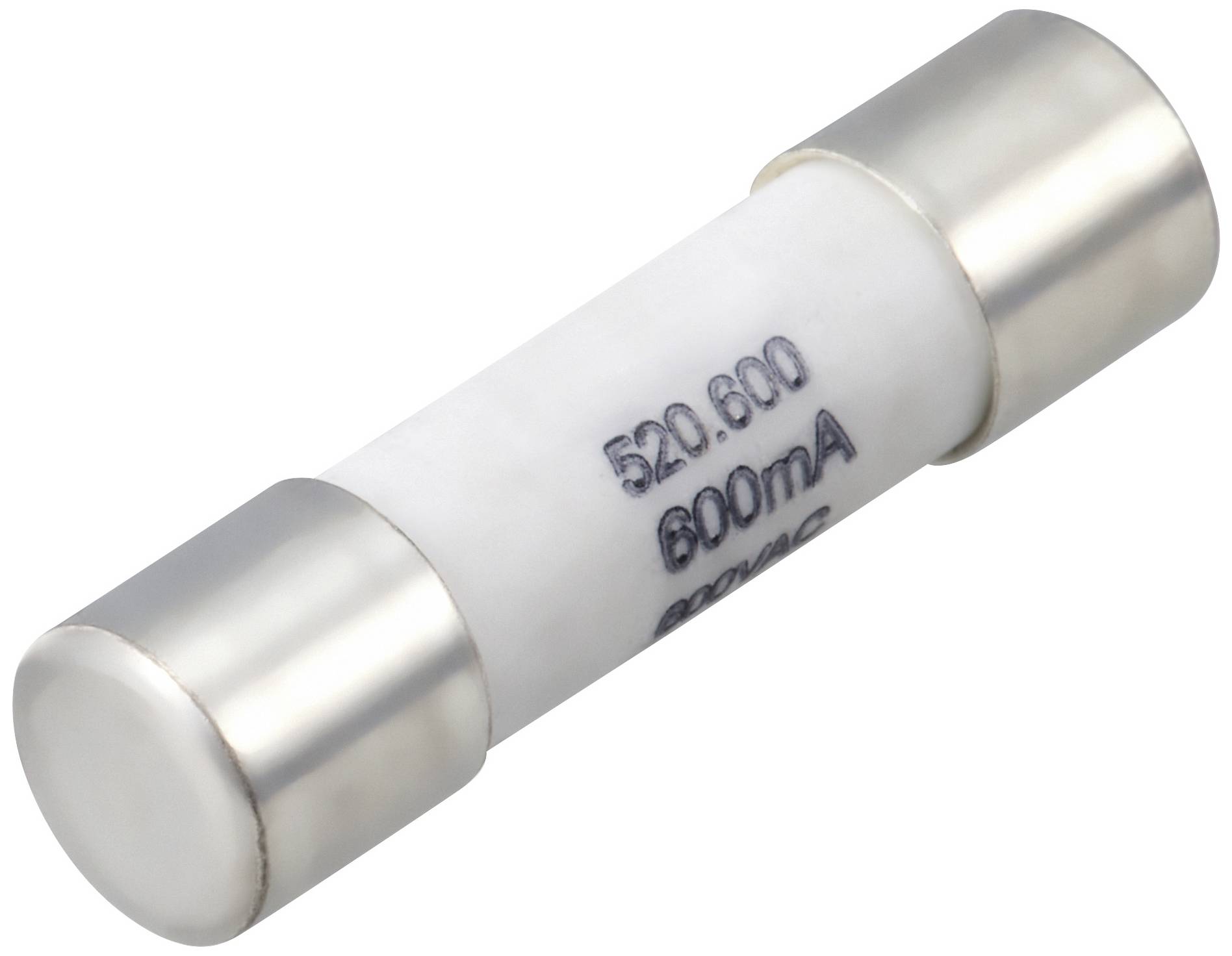 Un fusible en verre cylindrique blanc avec des embouts métalliques à chaque extrémité. Sur la surface est inscrit '520.600 600mA'.