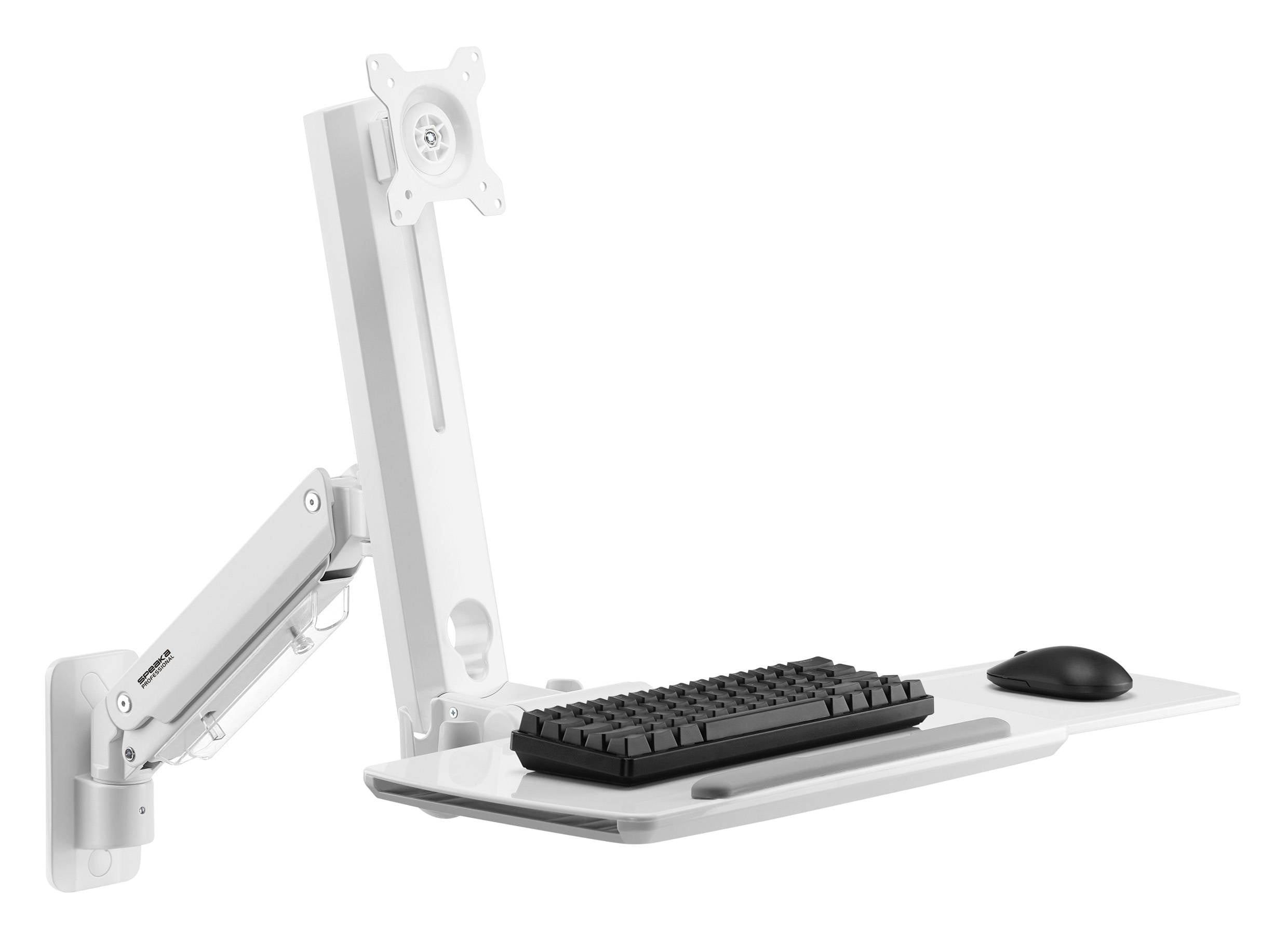 Un bras de bureau blanc et réglable avec support de moniteur, plateau pour clavier et repose-souris, monté sur un support mural.