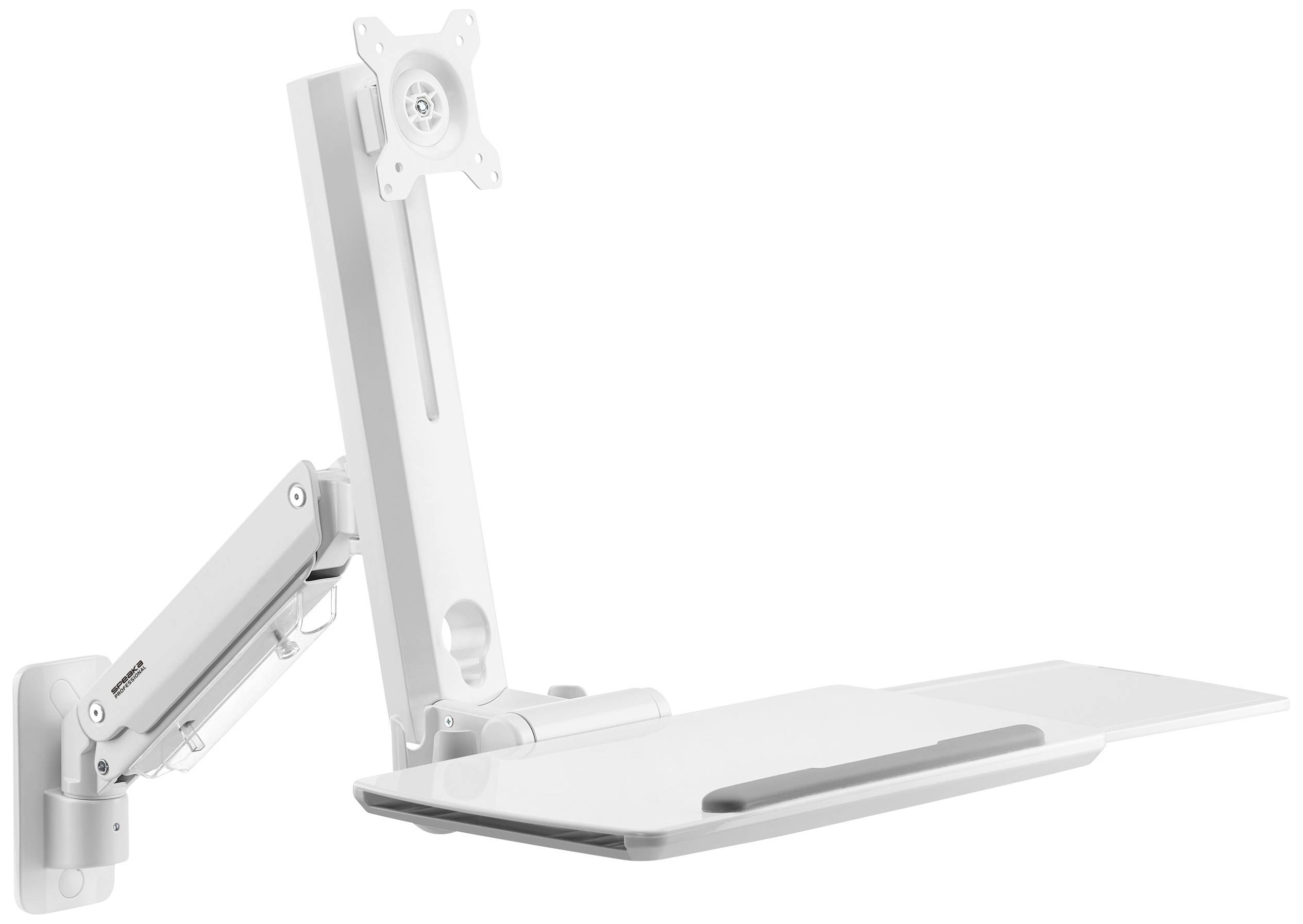 Un bras de support mural ergonomique blanc avec support de moniteur réglable et plateau-clavier, idéal pour les postes de travail de bureau.
