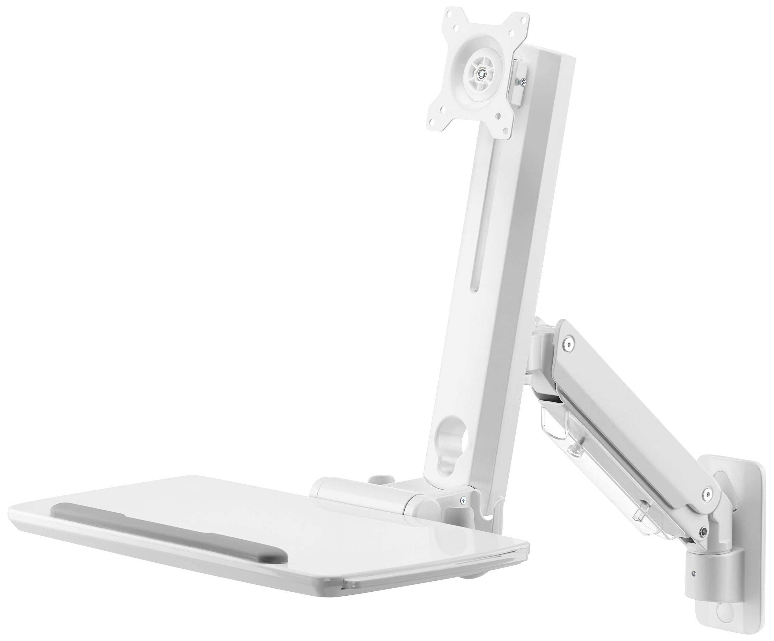 Support de moniteur avec bras articulé, adapté pour une fixation murale. Comprend une tablette pour clavier et souris. Idéal pour les espaces de travail ergonomiques.