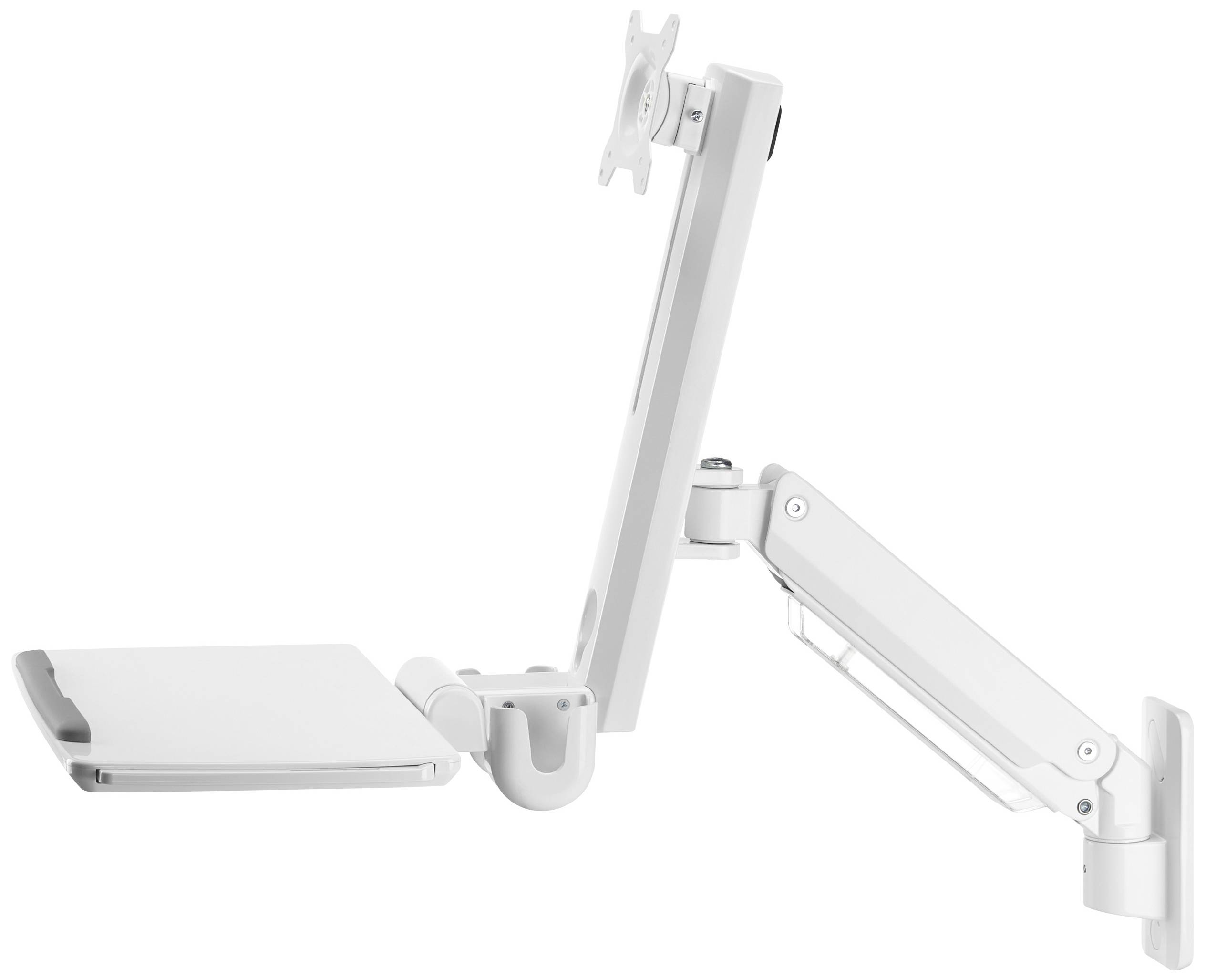 Un bras de moniteur blanc et réglable avec une tablette pour clavier, monté au mur. Idéal pour améliorer l'ergonomie du poste de travail.
