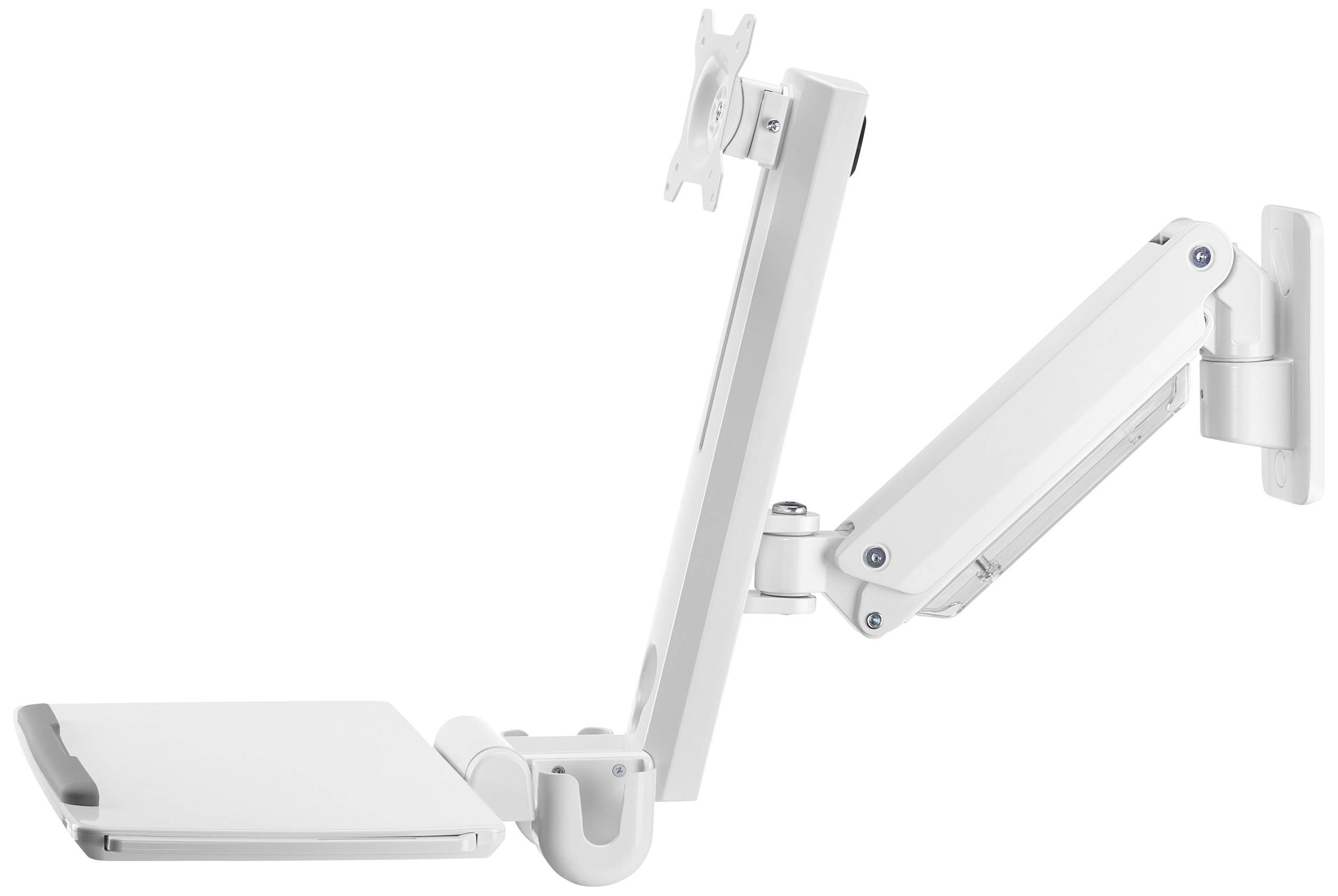 Un bras de moniteur blanc à plusieurs articulations, réglable. Le bras est fixé à un support mural et offre un positionnement flexible.