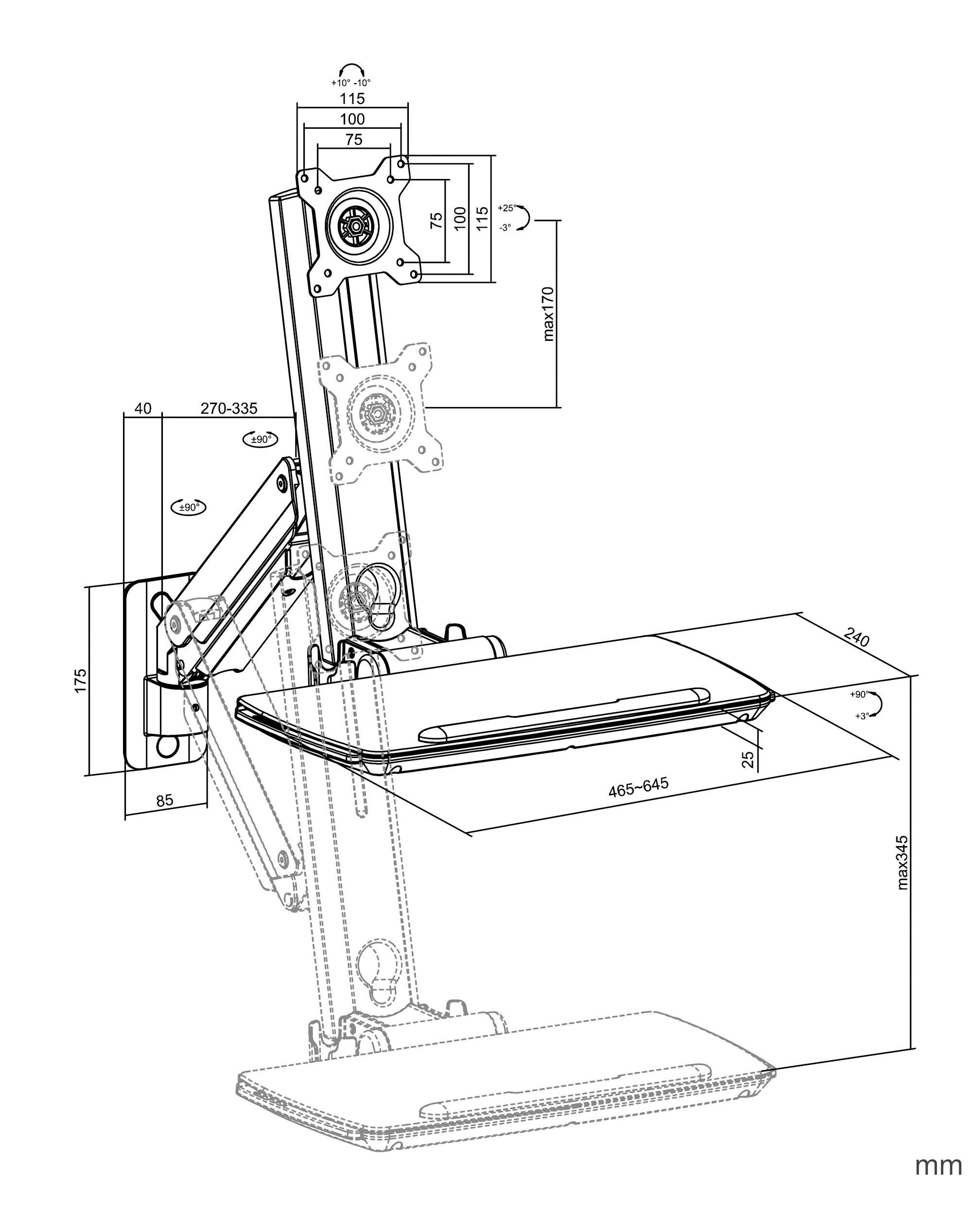 Dessin technique d'un bras de moniteur avec plateau de clavier, illustrant les mesures détaillées en millimètres pour la hauteur, la largeur et l'extension du bras.