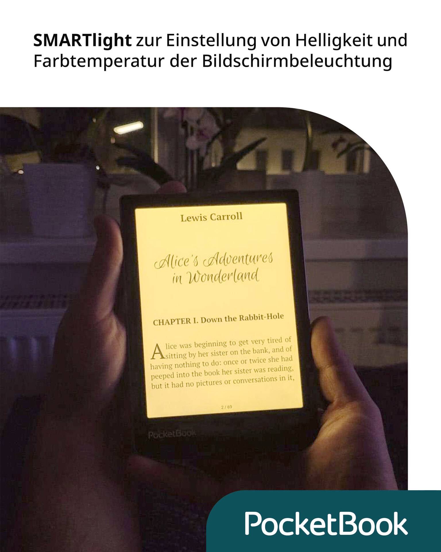 Une personne tient un appareil de lecture électronique dont l'écran affiche le texte 'Alice au pays des merveilles'. L'environnement montre des étagères à livres.