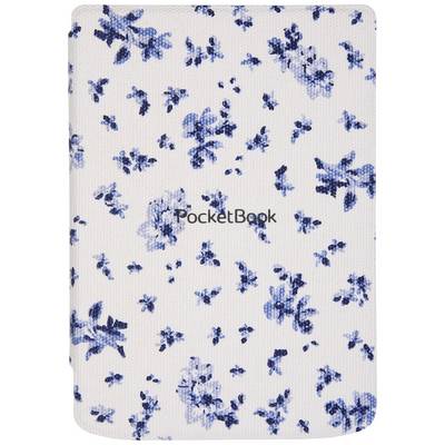 Étui de liseuse avec des motifs de fleurs bleues sur fond blanc, portant l'inscription 'PocketBook' au centre.