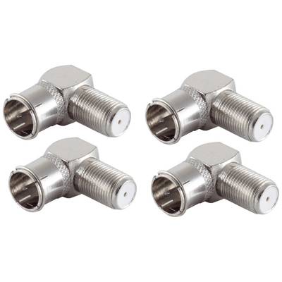 Quatre adaptateurs d'angle en métal pour câbles coaxiaux. Ils permettent une connexion à 90 degrés afin de faciliter les installations dans des espaces restreints.