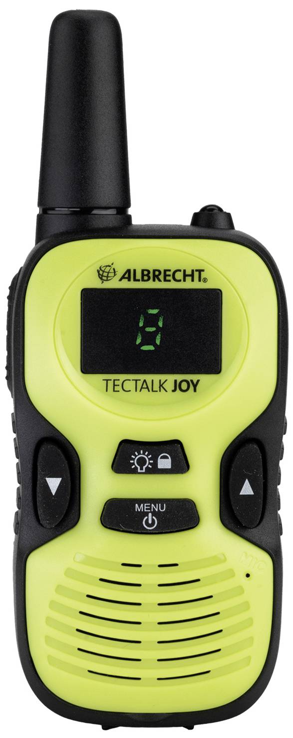 Un talkie-walkie compact noir et jaune avec un écran et des touches pour la sélection des menus et le réglage du volume, l'antenne en haut.
