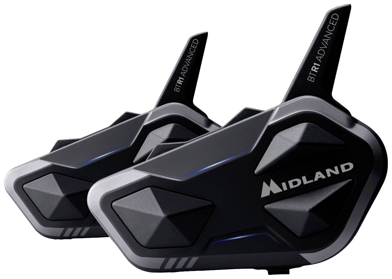 Deux systèmes de communication Bluetooth Midland BTR1 Advanced noir, au design distinctif, adaptés aux casques de moto.