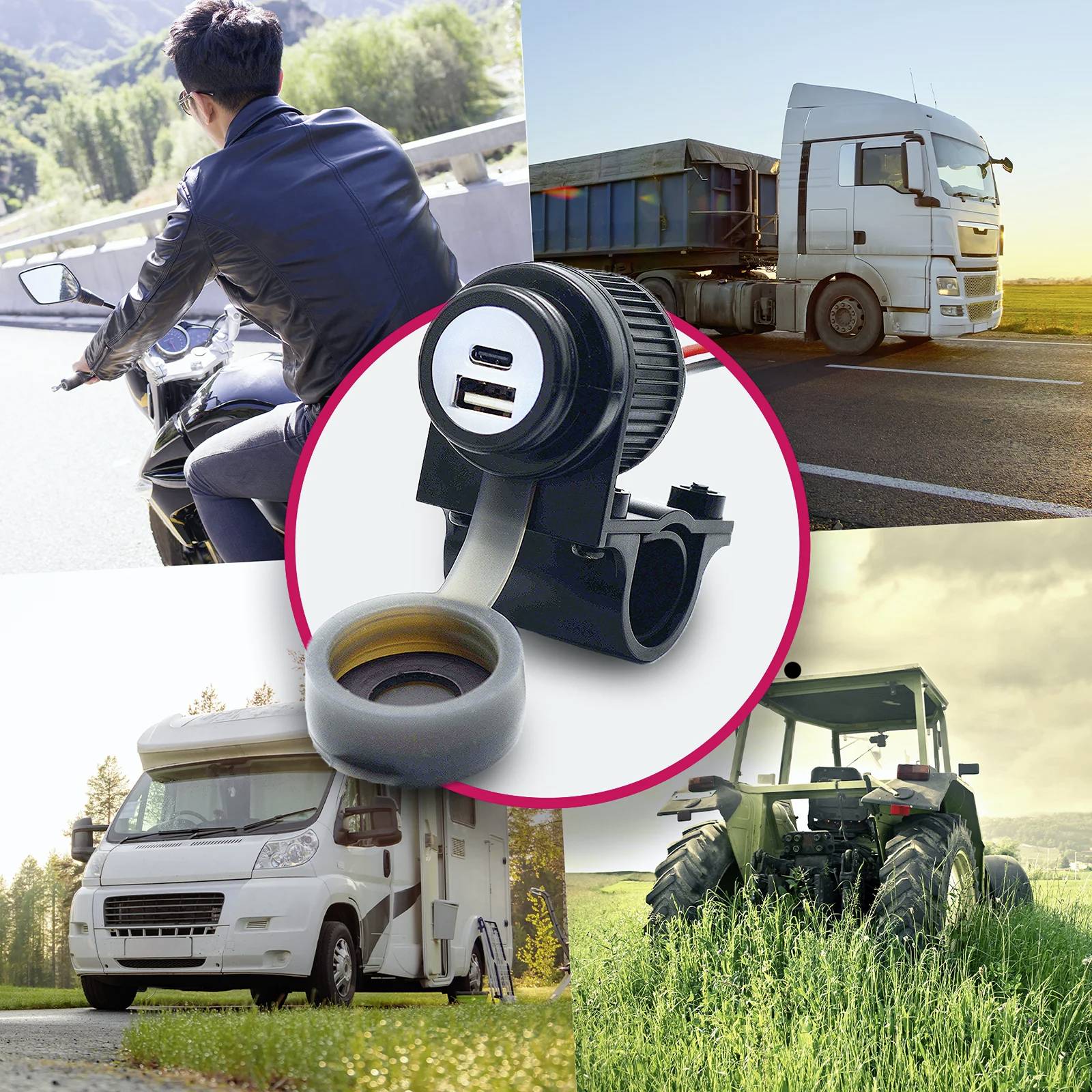 Homme sur une moto, un camion, un camping-car et un tracteur représentés. Au premier plan, un adaptateur avec des ports de charge comme thème central.