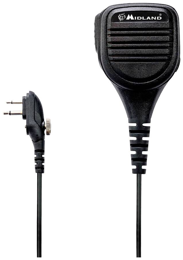 Un microphone à main noir avec câble et connecteur, portant le nom de marque 'Midland' en haut. Adapté pour les radios ou les appareils de communication.