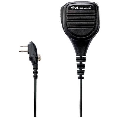Un microphone à main noir avec câble et connecteur, portant le nom de marque 'Midland' en haut. Adapté pour les radios ou les appareils de communication.
