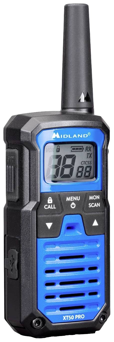 Un talkie-walkie bleu-noir de marque Midland avec écran et antenne. Il affiche des symboles de volume et de signal de réception.