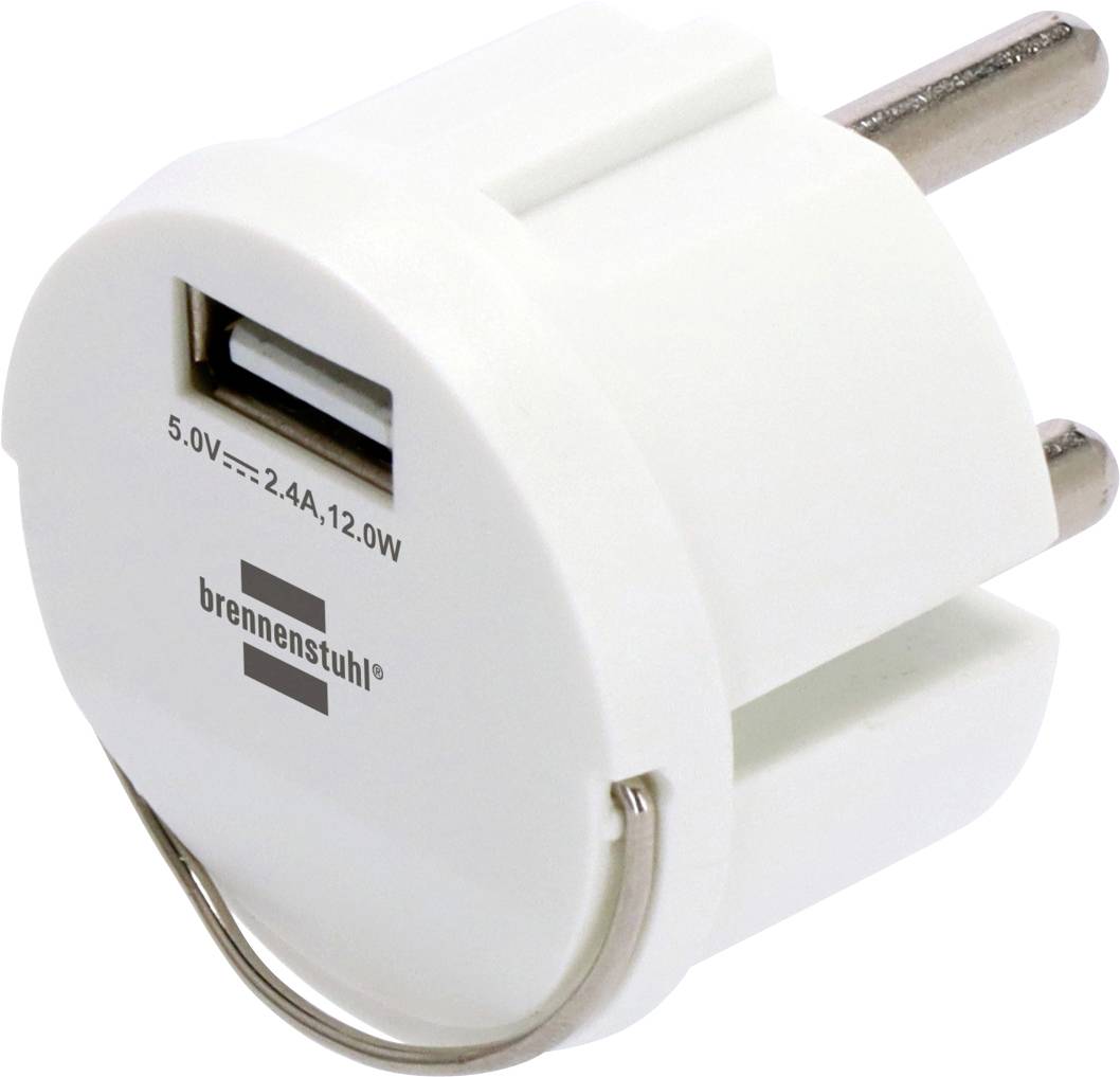 Chargeur mural USB Brennenstuhl blanc avec deux broches de prise européenne rondes, un port USB, étiqueté 5.0V 2.4A 12.0W.
