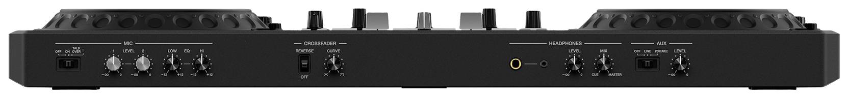 Contrôleur DJ avec deux platines, plusieurs potentiomètres et connexions. La vue arrière montre les options d'entrée et de sortie pour l'équipement audio.