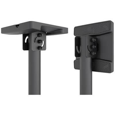 Support de table noir réglable en hauteur avec deux vues de perspectives : vue de face avec tête plate et vue arrière avec vis de fixation.
