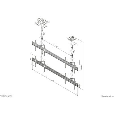 Un diagramme technique de montage mural avec deux barres verticales et des rails horizontaux. Dimensions indiquées en millimètres.