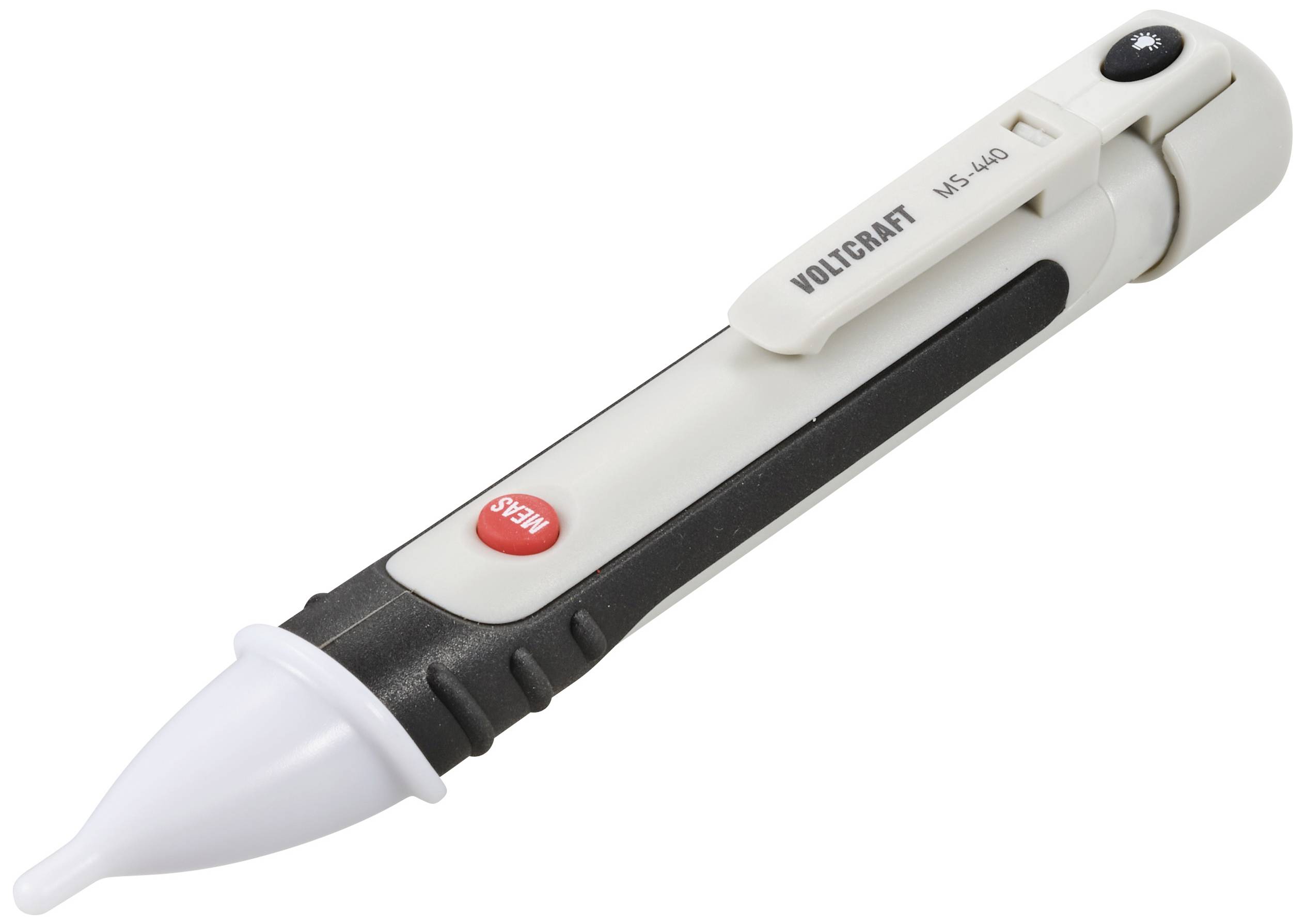 Testeur de tension sans contact avec bouton rouge et pince de fixation, utilisé pour vérifier les tensions électriques dans les câbles.