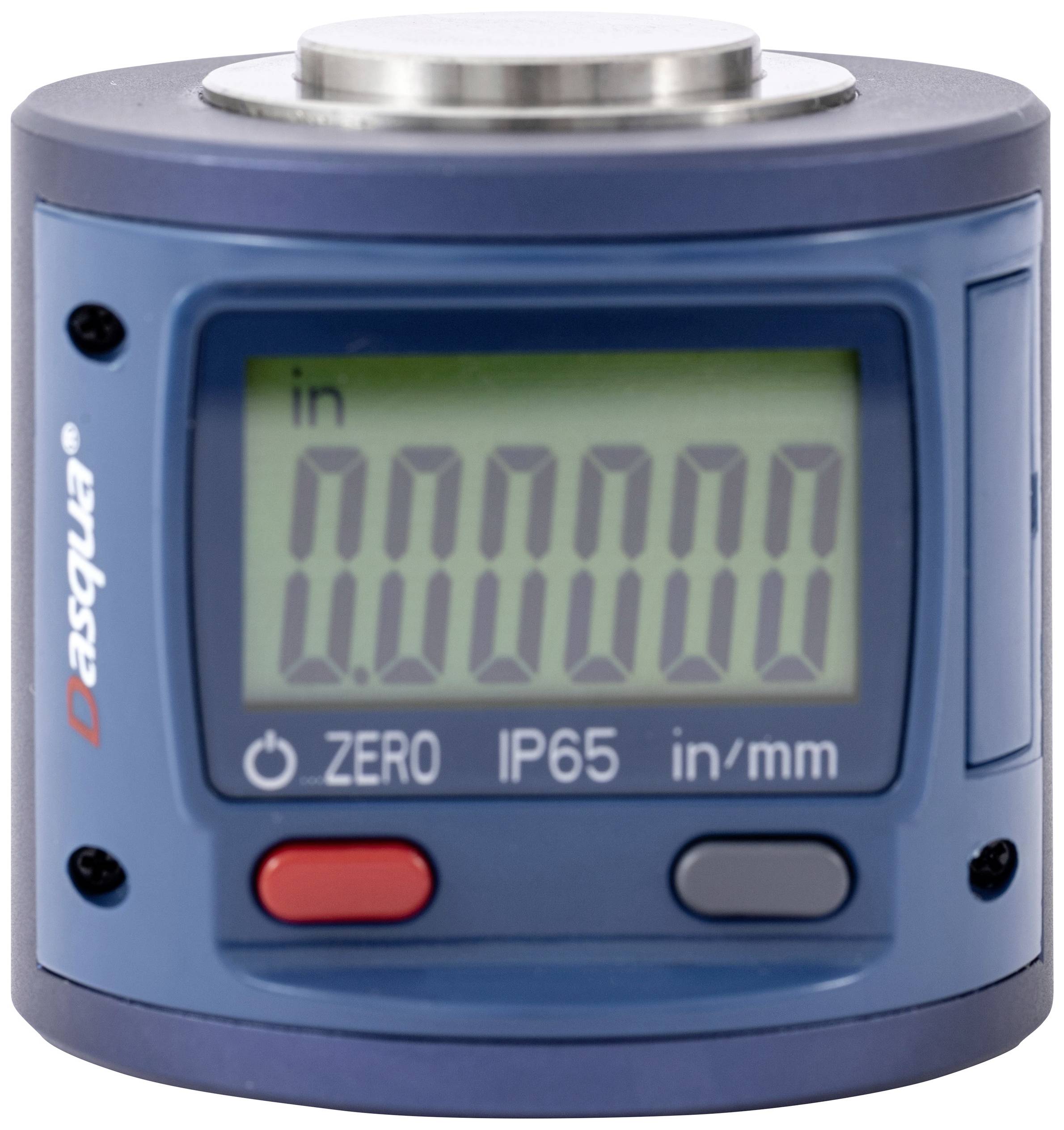 Un inclinomètre numérique avec un écran affiche la valeur de mesure '0,00000' en degrés. Le boîtier est bleu avec plusieurs touches.