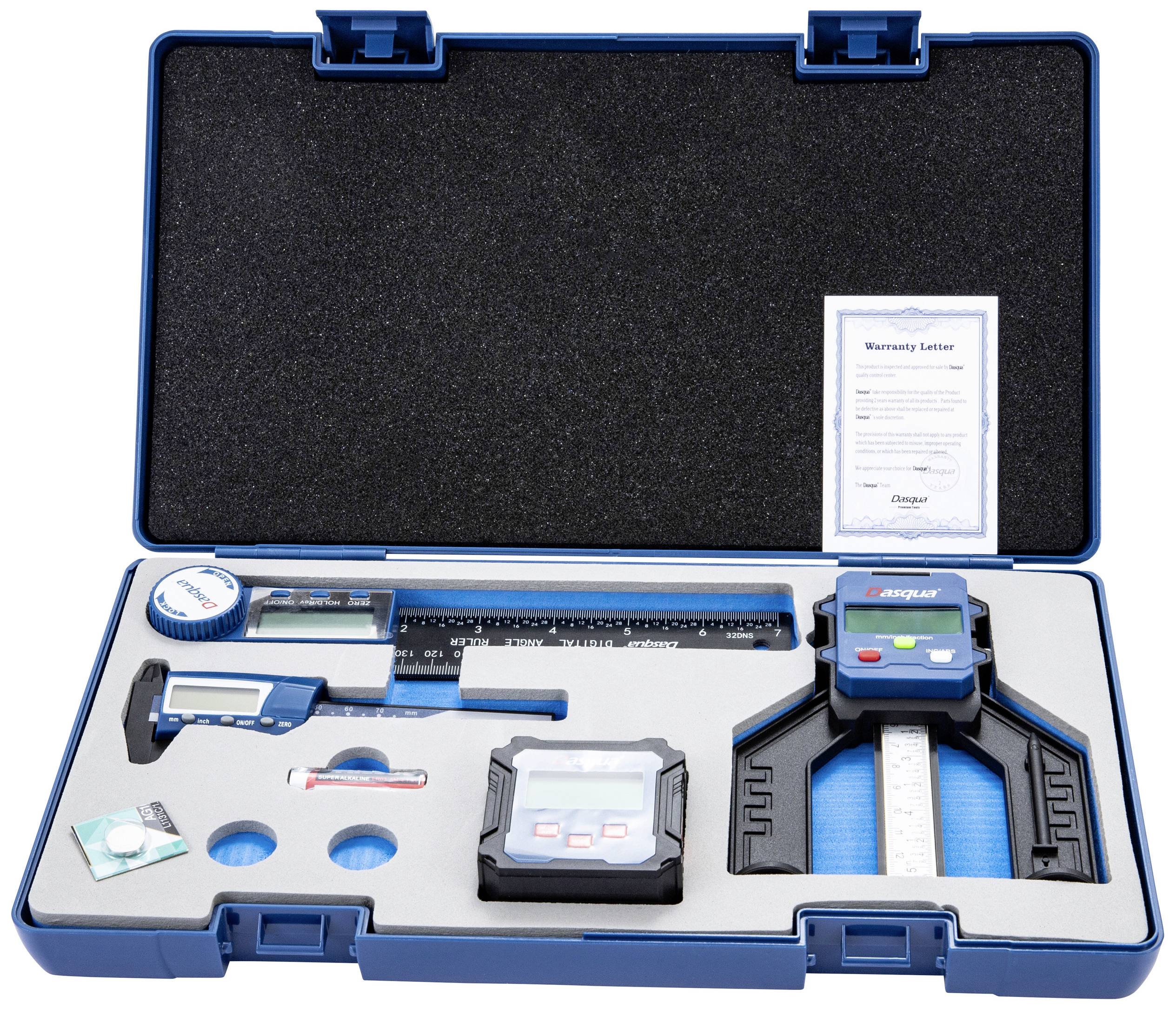 Boîtier bleu en plastique contenant des instruments de mesure précis, comprenant un pied à coulisse et d'autres appareils de mesure, ainsi qu'un certificat de garantie.