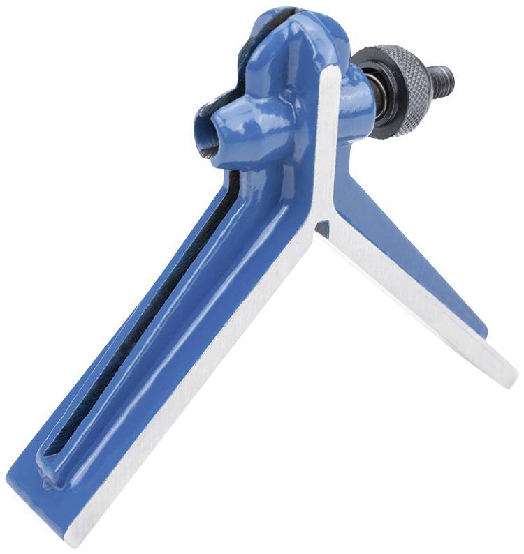 Outil en métal bleu à deux longs bras. Le corps est relié par un mécanisme à vis qui écarte ou referme les bras.