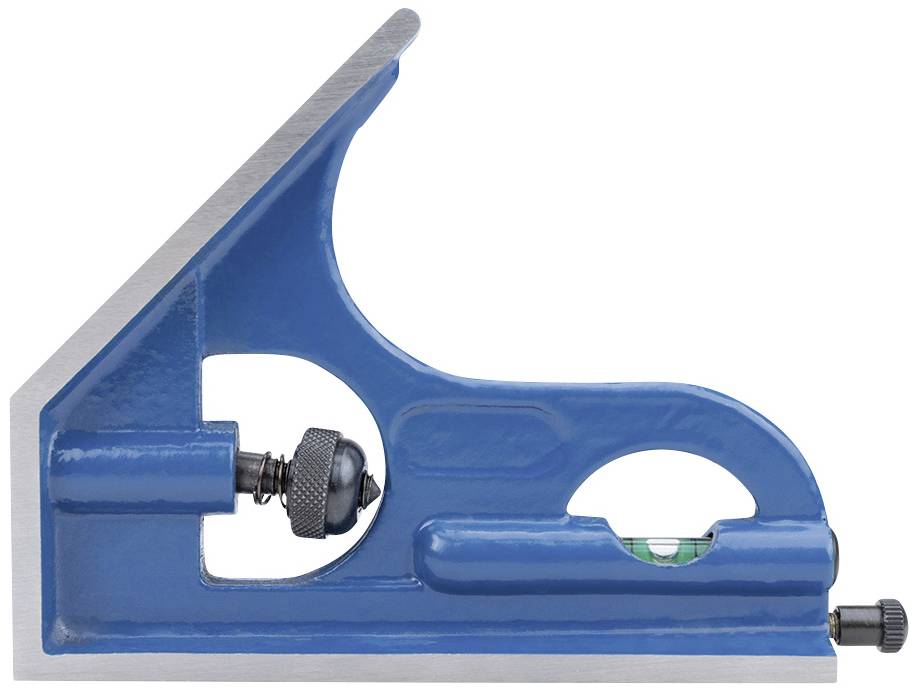 Équerre d'angle bleue avec niveau à bulle et butée réglable. Outil pour l'alignement et la mesure précis en menuiserie.