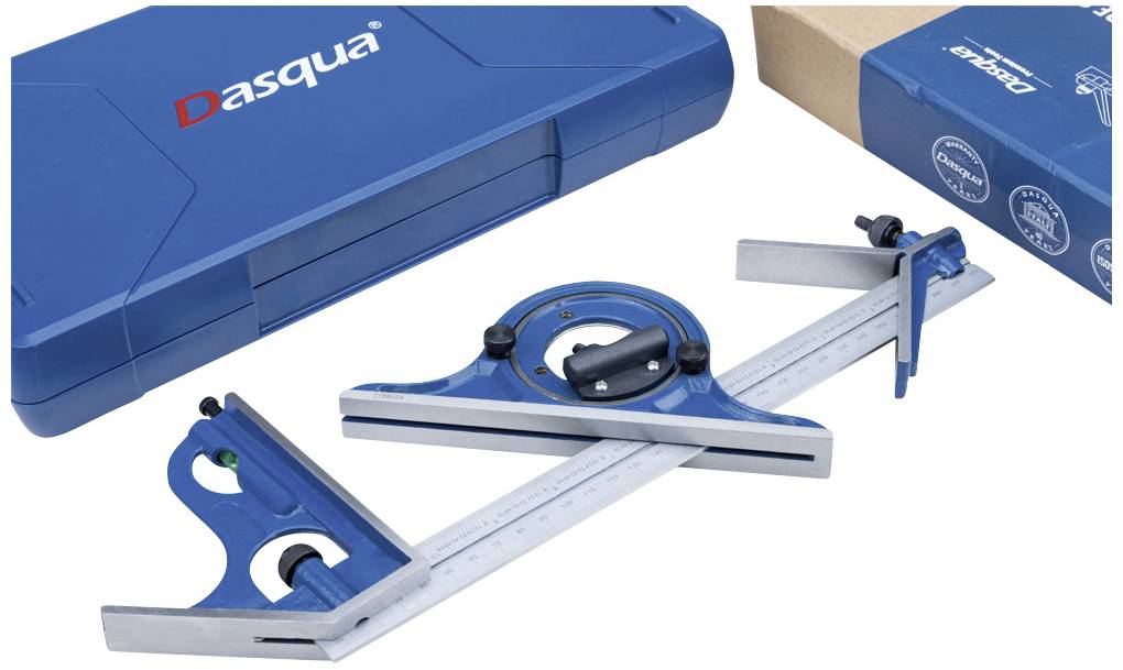 Rapporteur d'angle bleu avec échelle de mesure, deux bras réglables et un coffret de Dasqua, adapté pour des travaux de mesure précis.