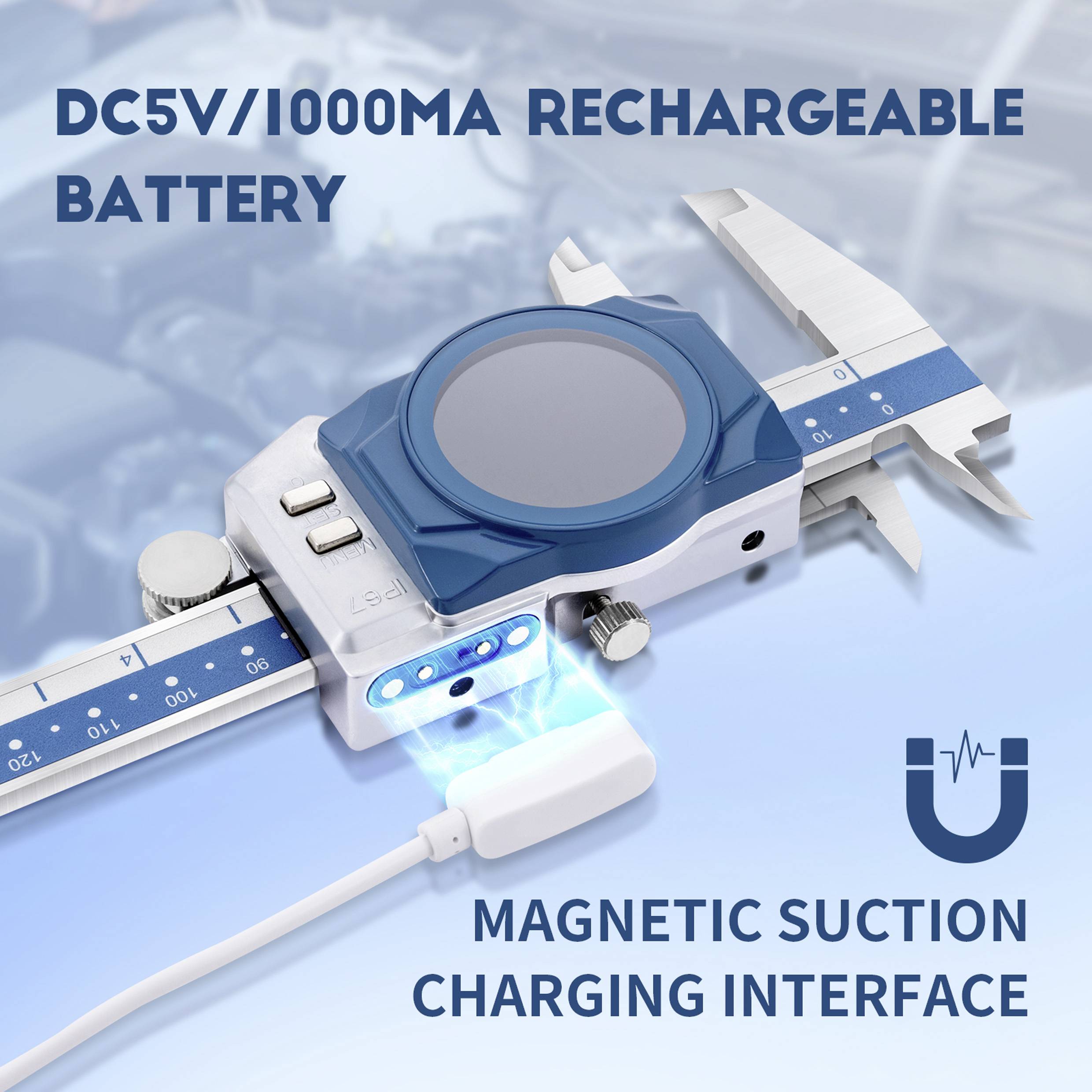 Batterie rechargeable 5V CC/1000 mA avec câble de charge magnétique. Arrière-plan montrant un moteur.