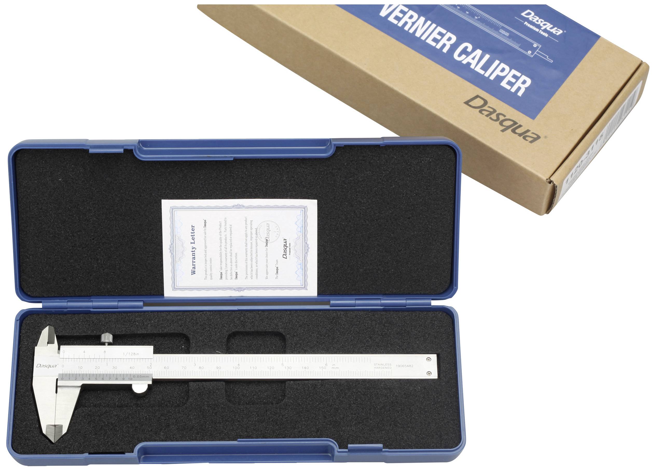 Un pied à coulisse en acier inoxydable est rangé dans un étui bleu accompagné d'un certificat. L'emballage porte l'inscription « PIED À COULISSE VERNIER ».