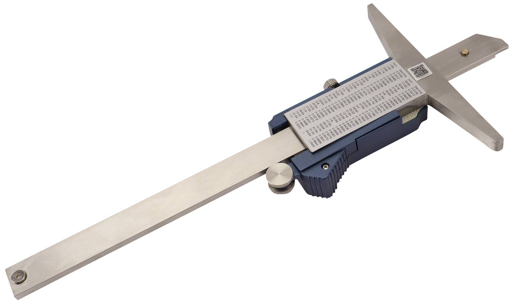 Pied à coulisse métallique avec échelle de Vernier pour des mesures de hauteur précises, posé sur un fond blanc.