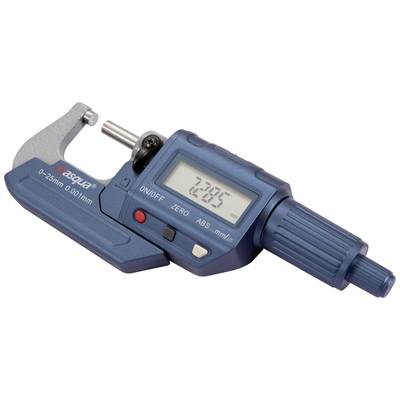 Micromètre avec affichage numérique indiquant la valeur '7,285'. Appareil de mesure de 0-25 mm, précision 0,001 mm.