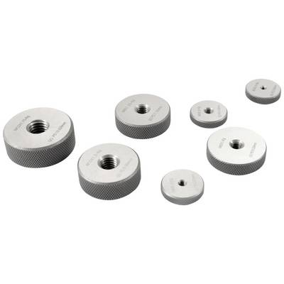 Plusieurs comparateurs de pesage ronds à apparence métallique de différentes tailles, avec bords striés et filetage au centre.