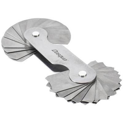 Instrument de mesure métallique avec plusieurs lames dépliables pour la vérification des filetages. Étiquette 'Dasqua'.