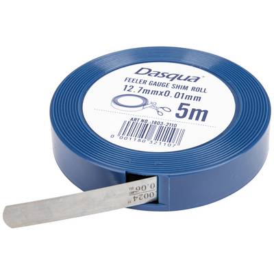 Une bobine bleue avec un ruban de jauge d'épaisseur de 5 mètres de long et de 0,01 mm d'épaisseur. Étiquetée 'Dasqua Feeler Gauge Shim Roll'.