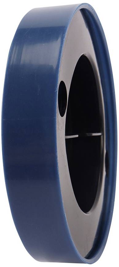 Bride en plastique bleu sur un noyau noir, vue latérale. Utilisée dans des applications mécaniques ou hydrauliques.