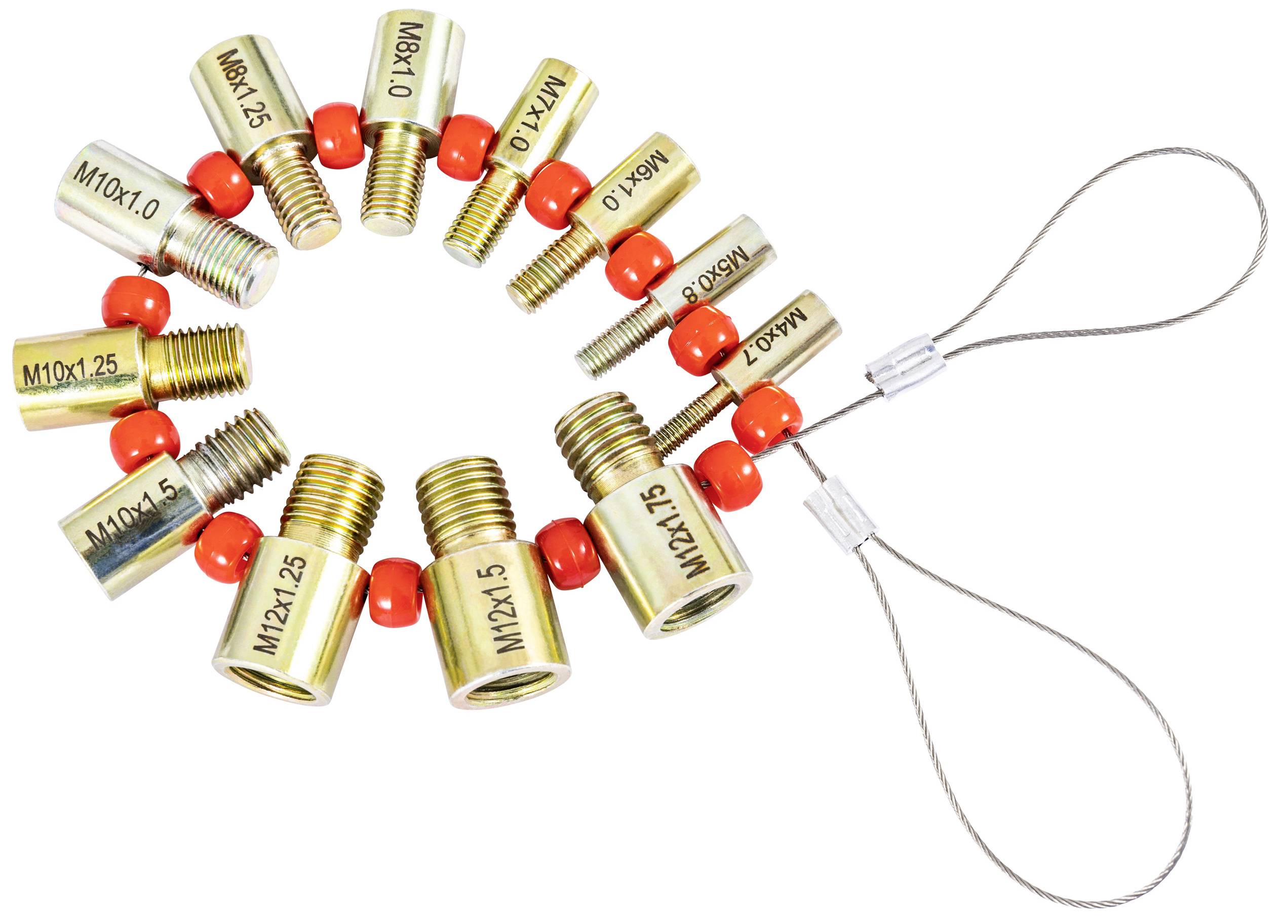Un câble avec plusieurs adaptateurs filetés de différentes tailles, disposés en cercle et reliés par des perles rouges.