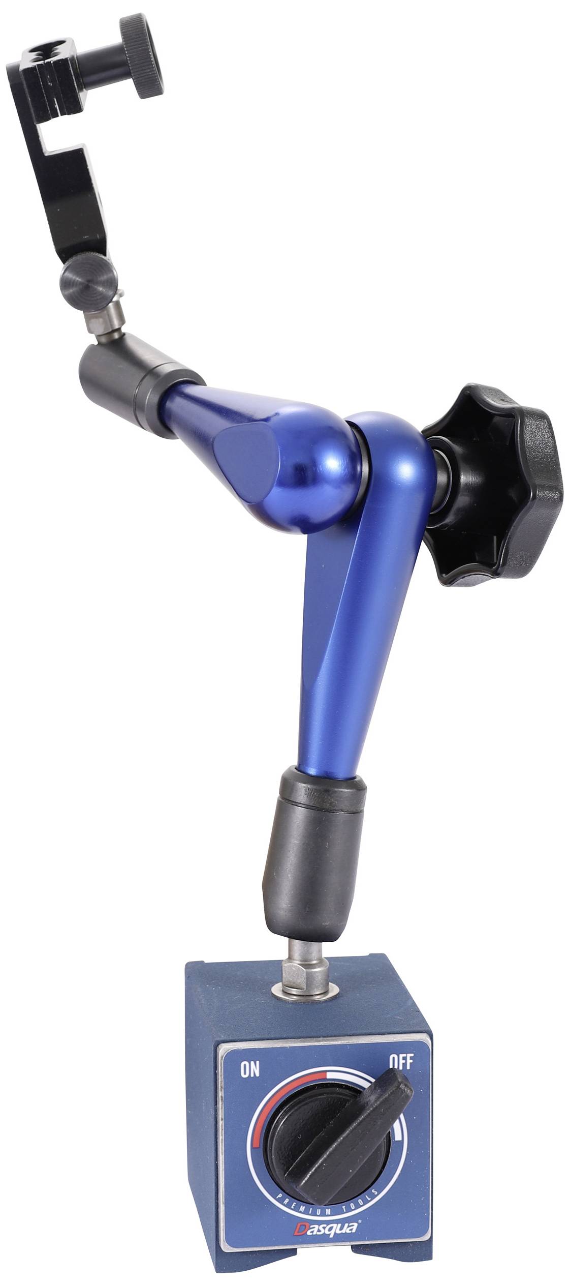 Support magnétique avec bras ajustable en bleu et noir, fixé sur une base avec interrupteur marche-arrêt et anneau rouge.