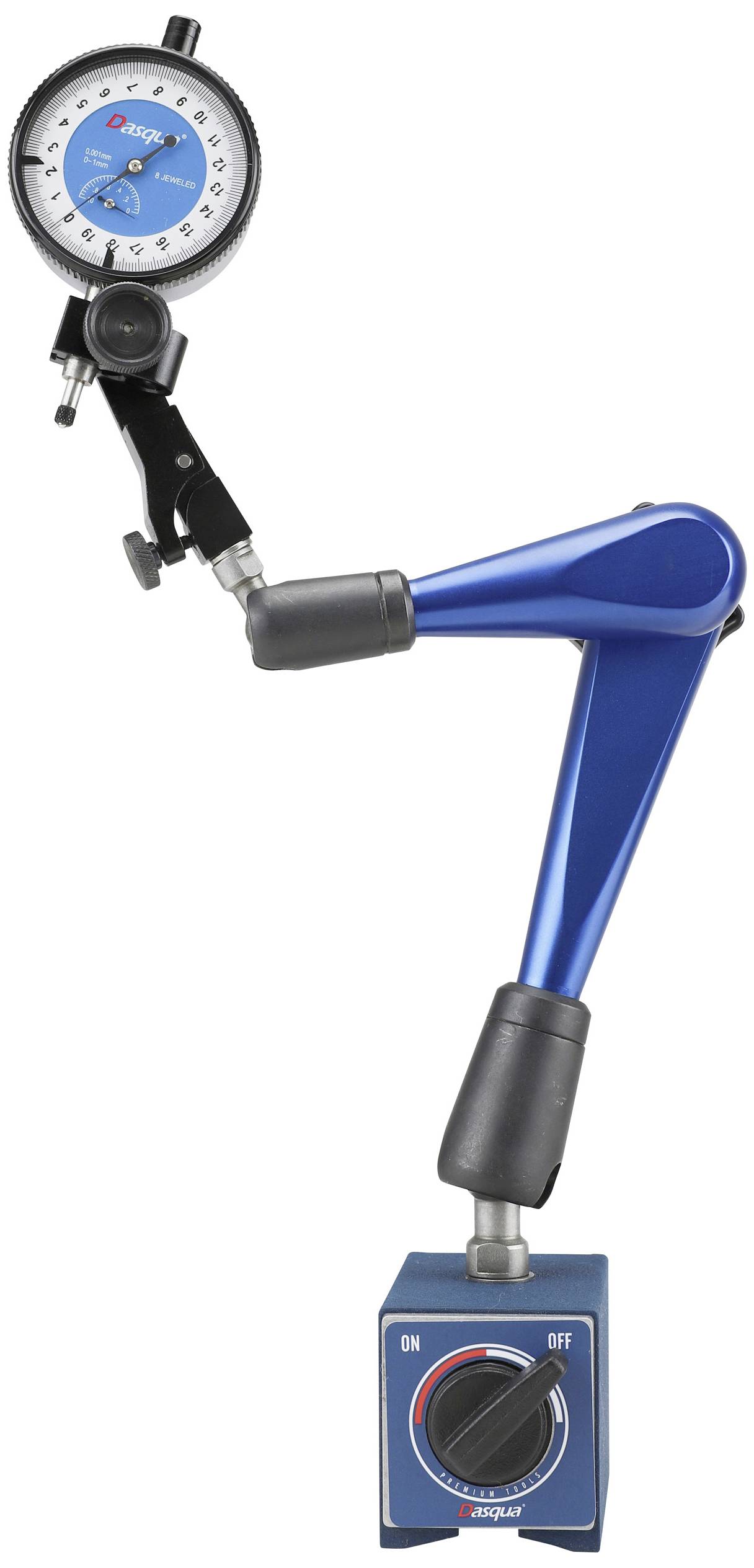 Horloge de mesure Ruggeri sur un support magnétique bleu. L'appareil mesure des dimensions avec précision, utile pour les projets de construction mécanique.