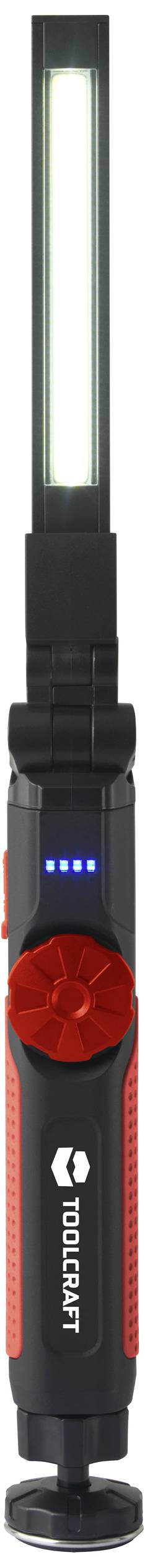Lampe torche portable LED en noir et rouge avec longue tête lumineuse. Les LED en haut indiquent le niveau de batterie.