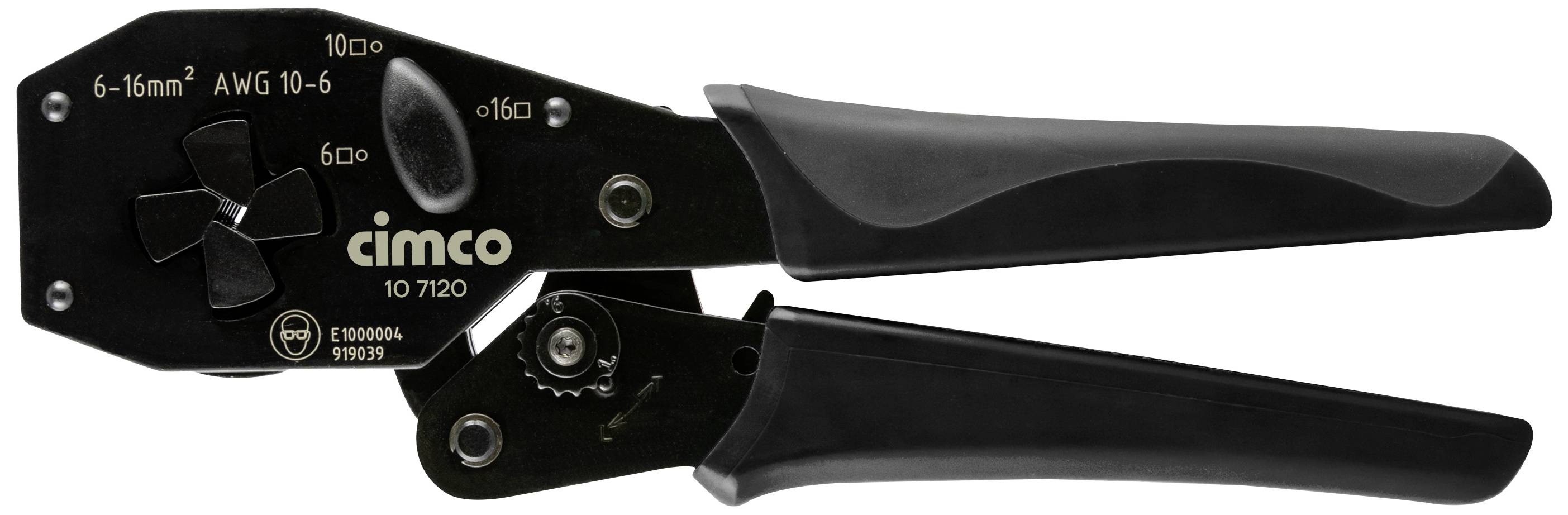 Pince à sertir noire de Cimco, adaptée aux câbles de 6-16 mm² et AWG 10-6. Elle dispose de poignées ergonomiques et est conçue pour les travaux électriques.